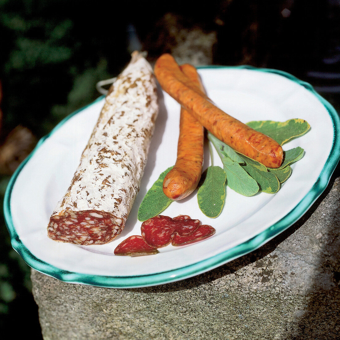 Sausages and salami Egelseer with forest hog on plate