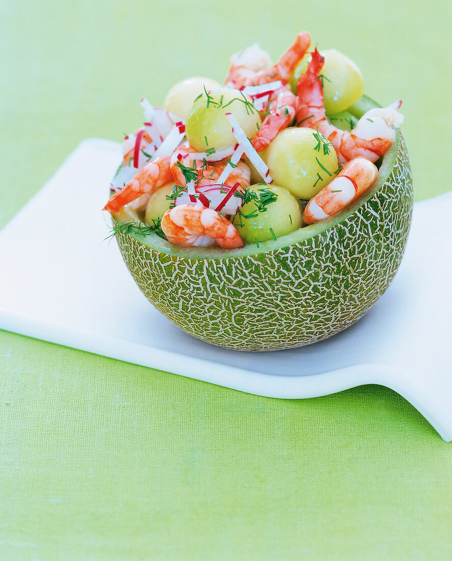 Shrimp served in hollowed out melon