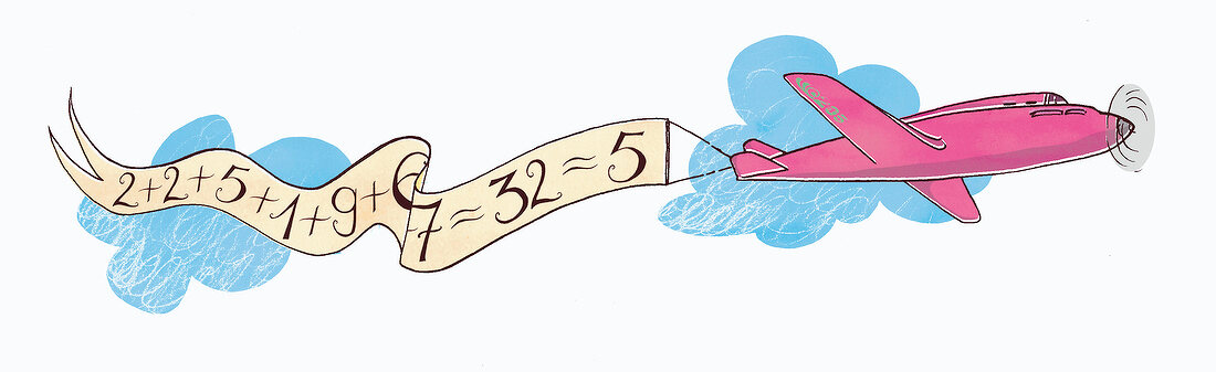 Rosa Flugzeug fliegt + zieht Banner mit Zahlen hinter sich her, Illu.