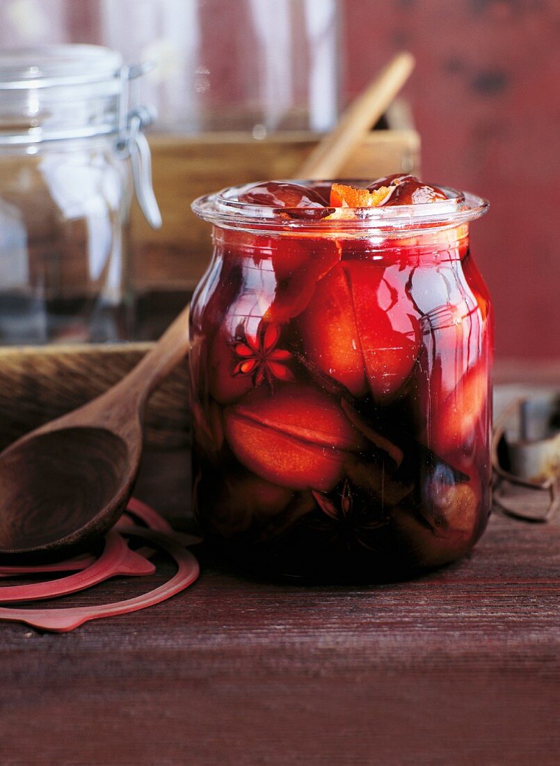 A jar of damsons preserved in Port wine