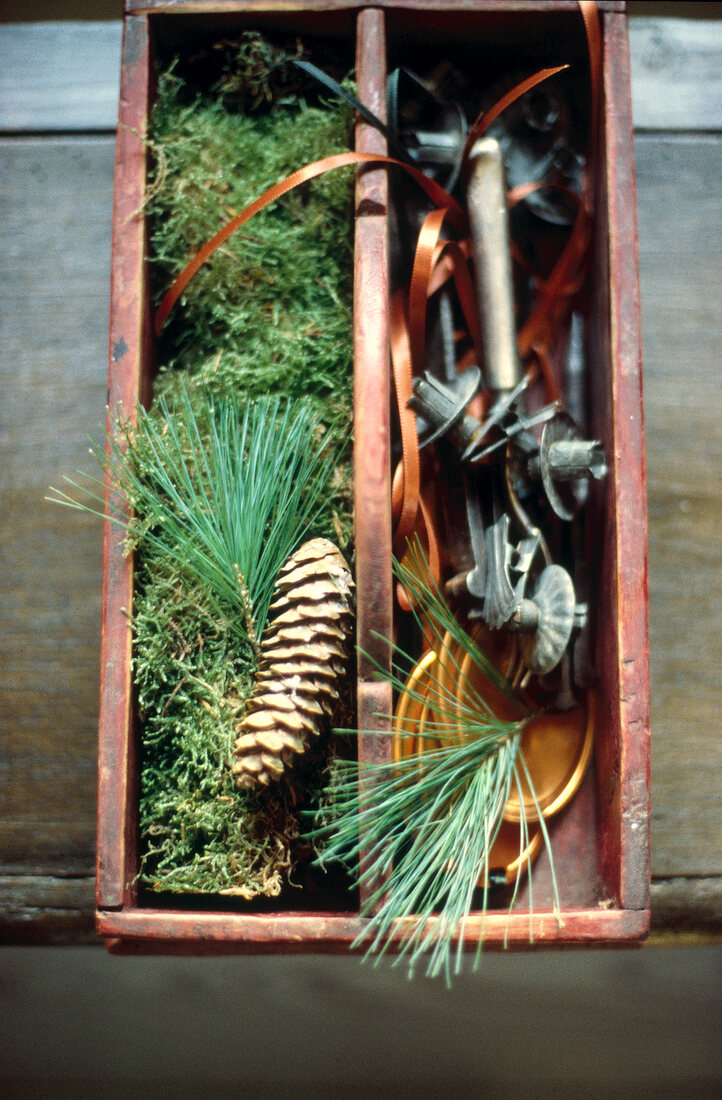 Close-up of Christmas tree decorations in a box