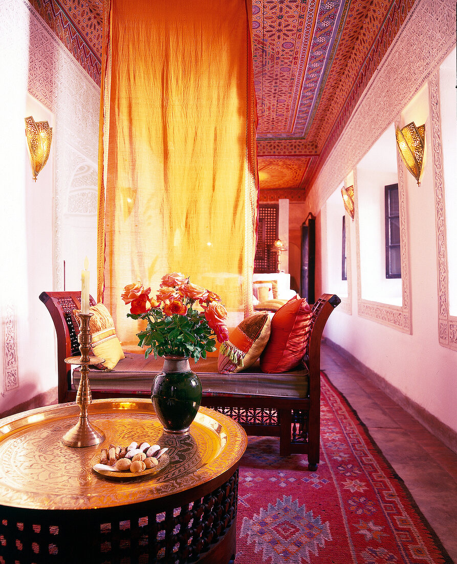 Bedroom decorated with oriental and stucco wall in Dar Mouassine Hotel, Marrakech, Morocco