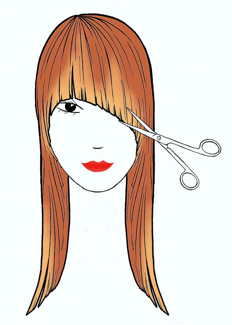 Illustration, Zeichnung einer Frisur mit Schere, dunkelbonde Haare