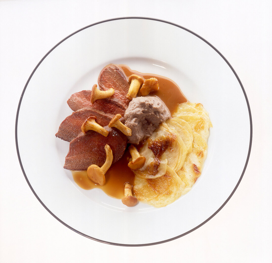 Venison saddle with fried rich chanterelles on plate