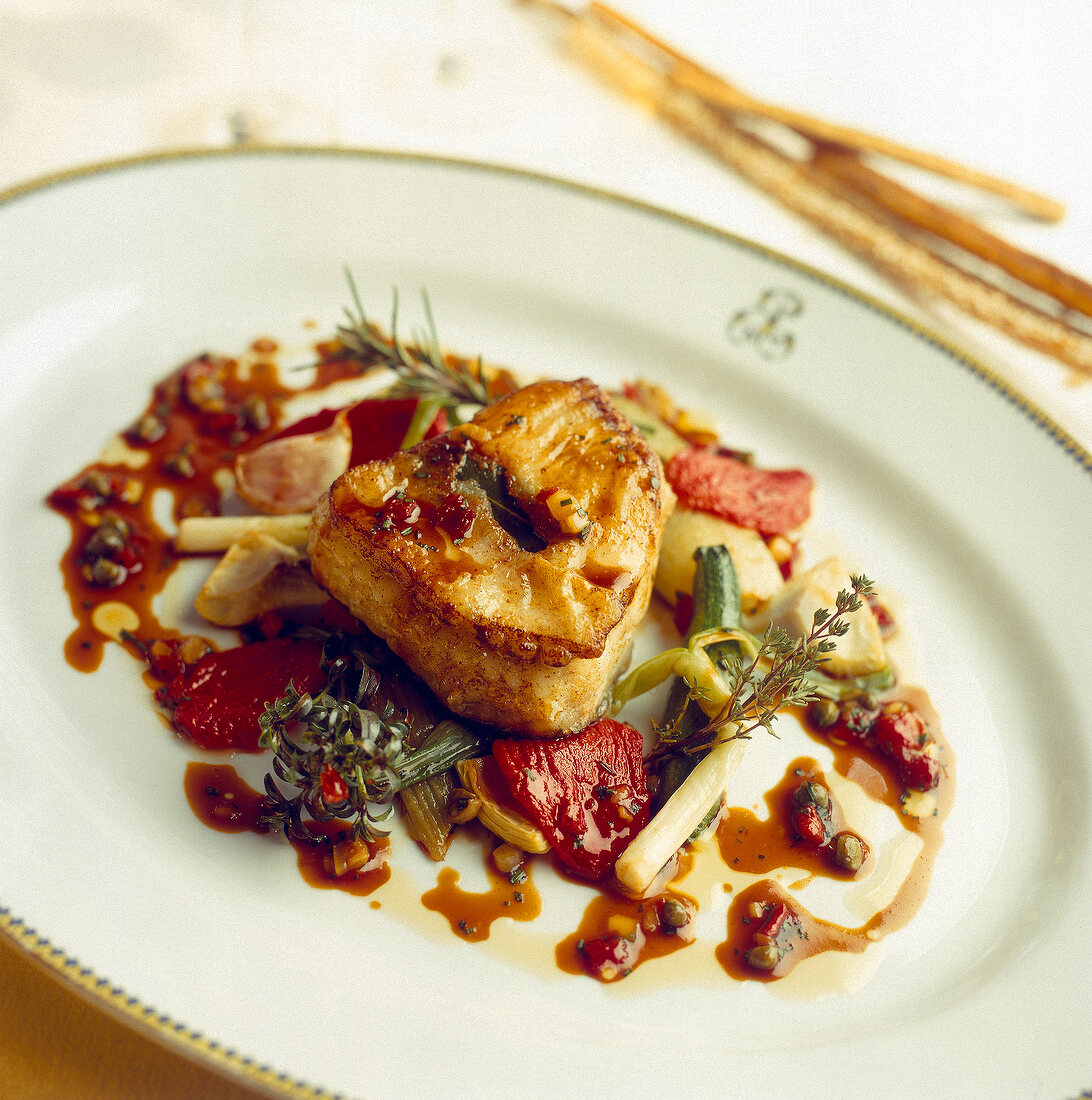 Close-up of turbot with peppers, zucchini, artichokes and garlic on plate