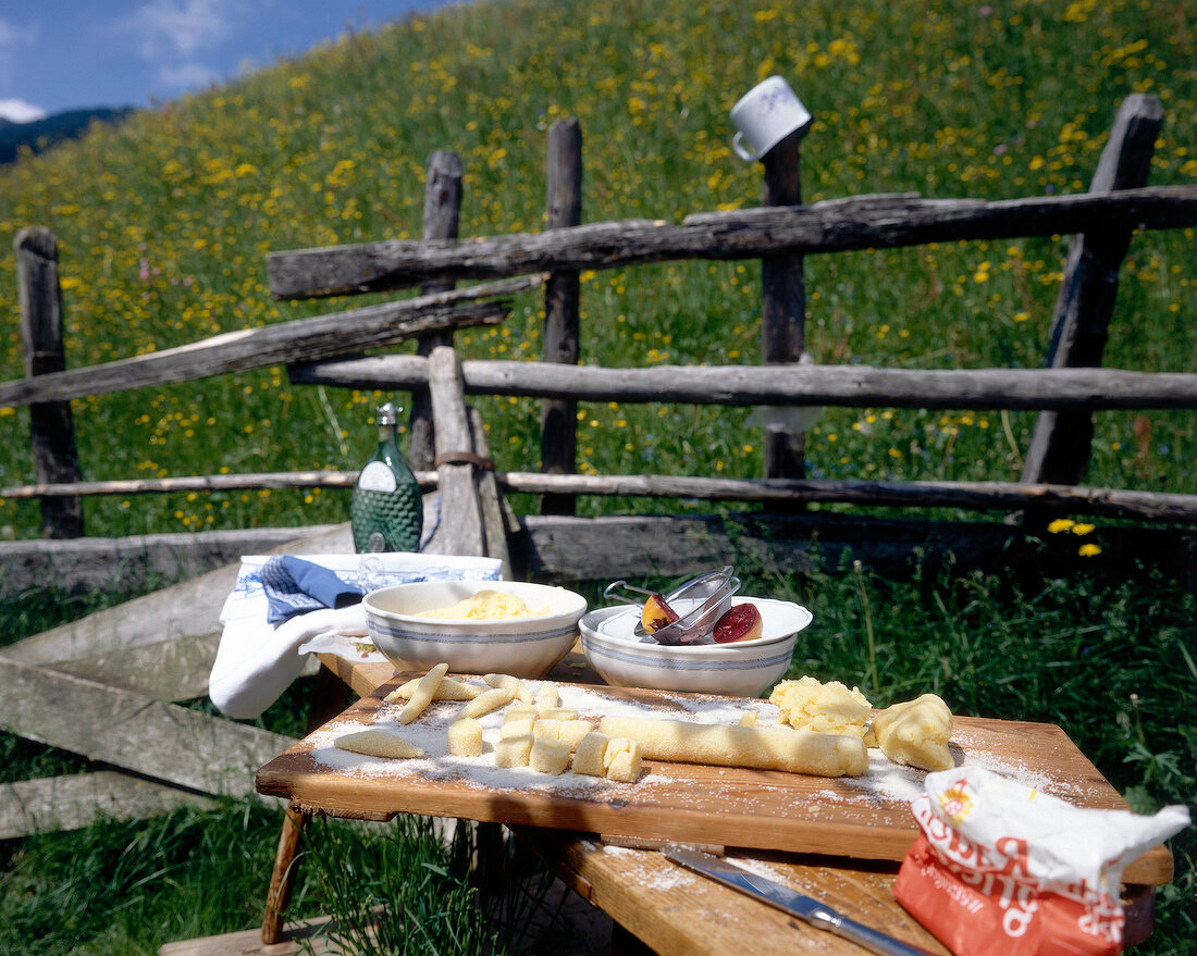 Ingredients for noodle preparation on table