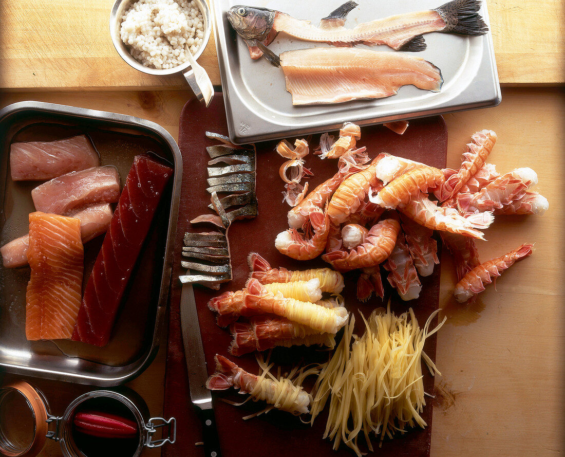 Various fish fillets and scampi, overhead view