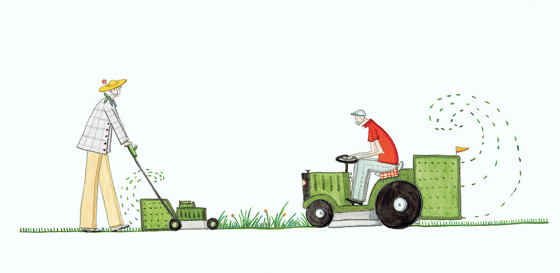 Illustration zum Thema Garten, zwei Männer beim Rasenmähen