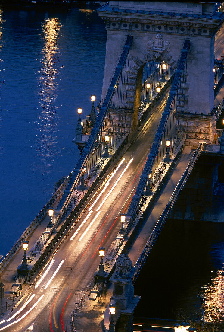 Elevated view of chain bridge below the castle in Budapest