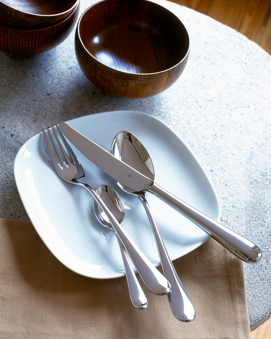 French designer flatware cutlery set on plate