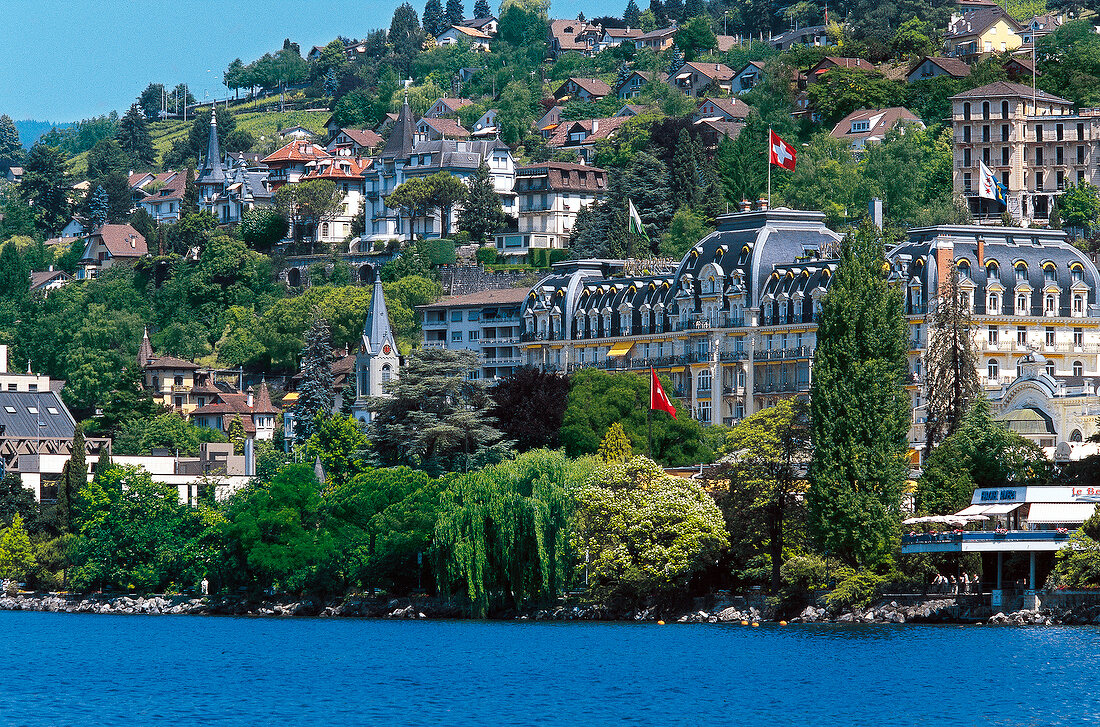 View of luxury hotel Montreux Palace on quayside at Lake Geneva, Switzerland