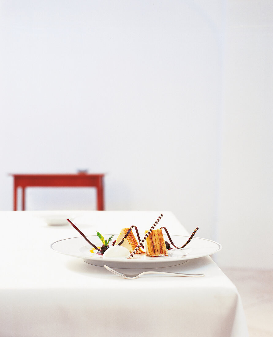 Chocolate in log cake with yoghurt and lime ice on plate