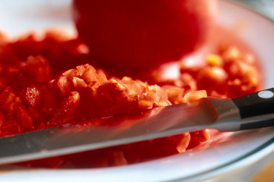 Close-up of freshly chopped tomatoes