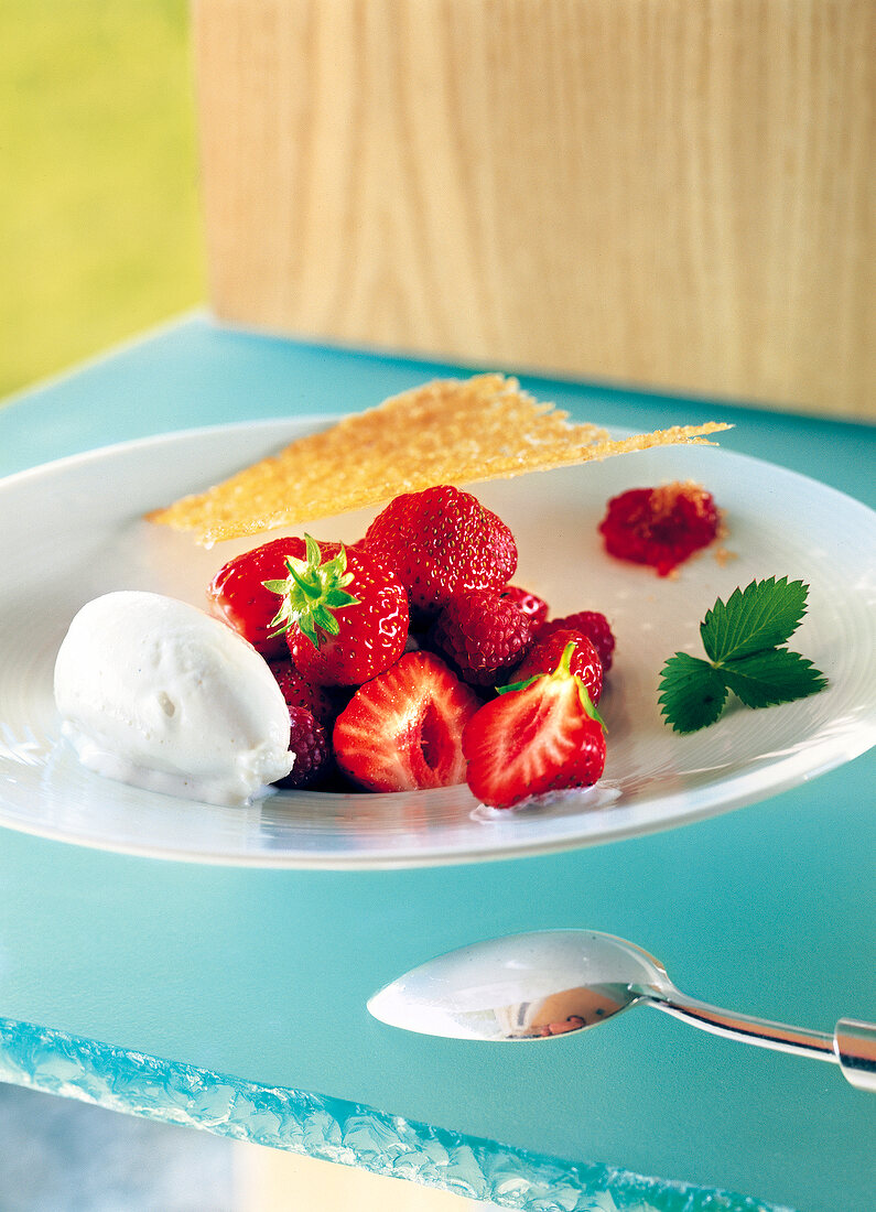 Wild strawberries with sugar cookies and scoop of ice cream on plate