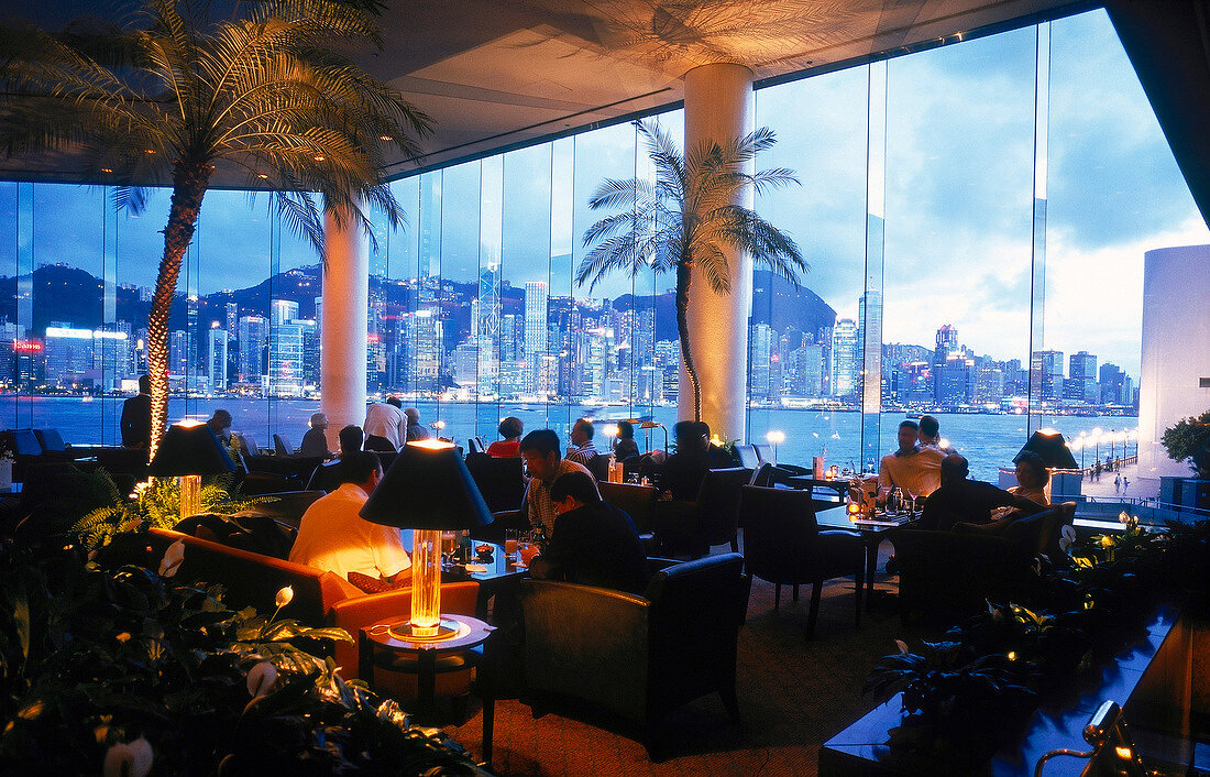 Hotel Regent overlooking harbour and sea of houses, Hong Kong