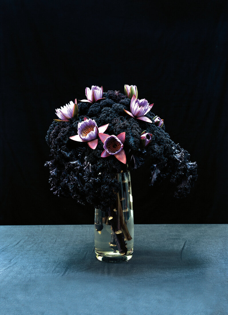 Kale and water lilies in a vase with water