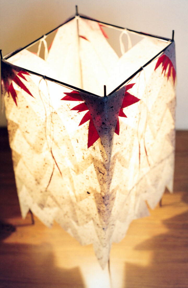 Close-up of paper lamp with leaves motifs