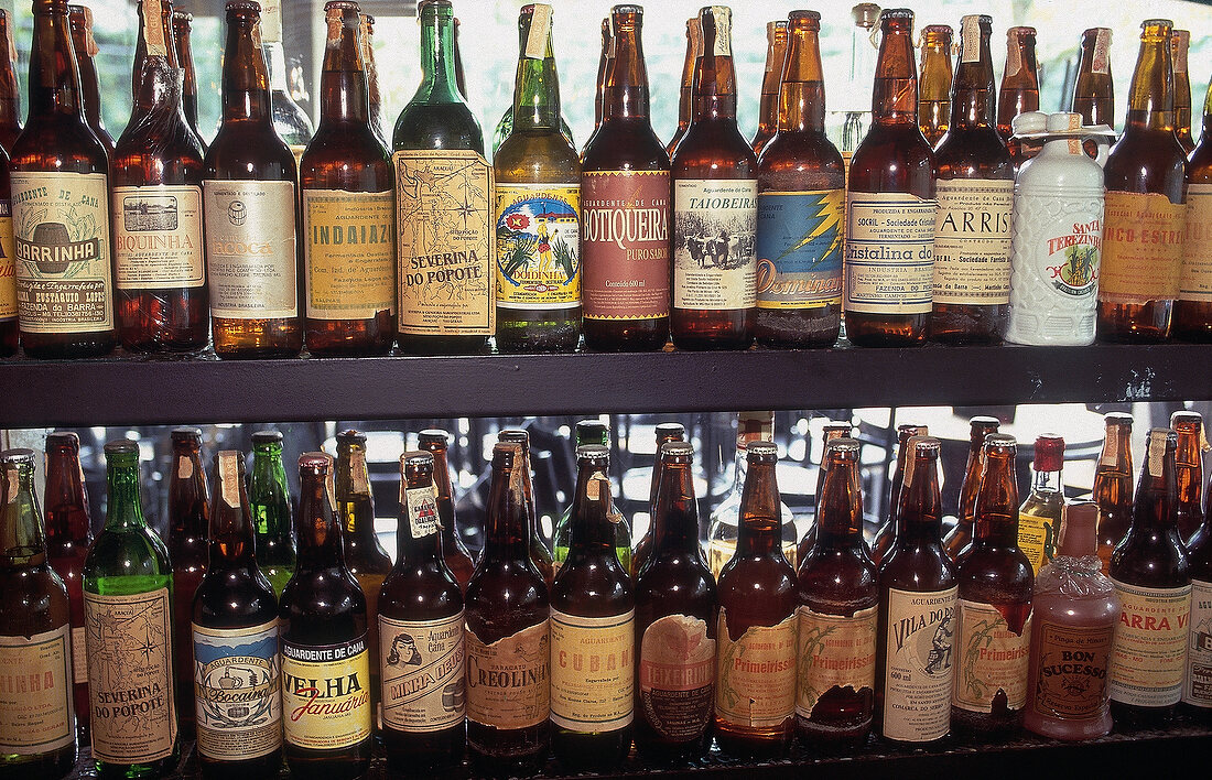 Bottles of cachaca on shelf in Academia da Cachaca, Rio de Janeiro, Brazil