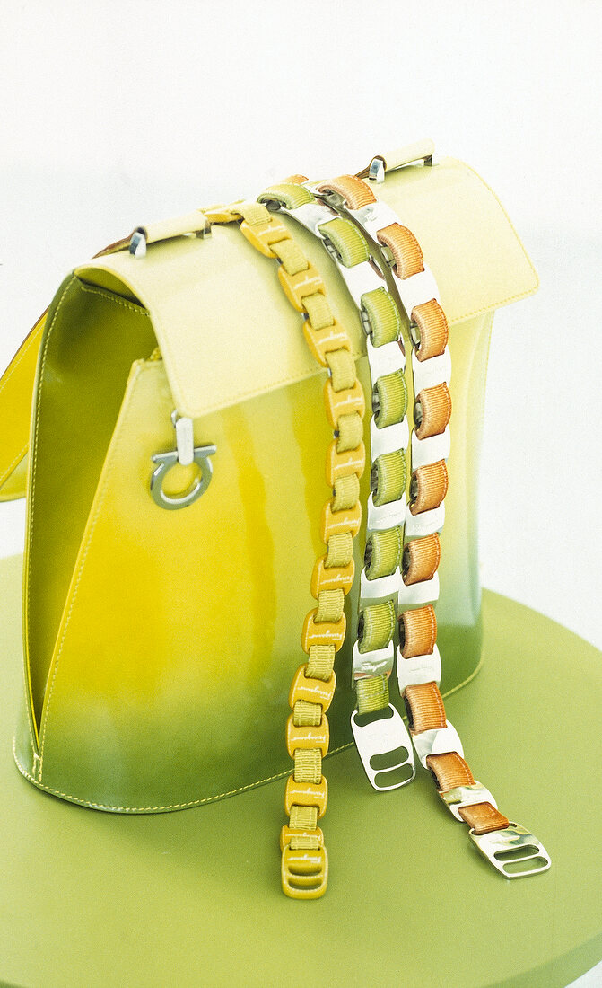 Apple green handbag and narrow waist belt made of metal and grosgrain ribbon