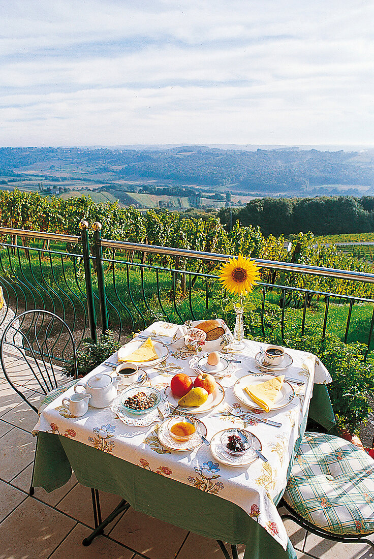 Gedeckter Frühstückstisch auf einem Balkon im Hotel "Schöne Aussichten"