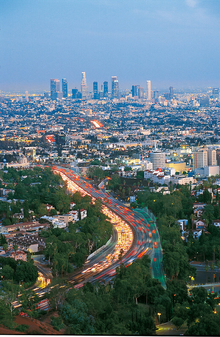 View of highway and cityscape, Los Angeles, USA, Aerial view