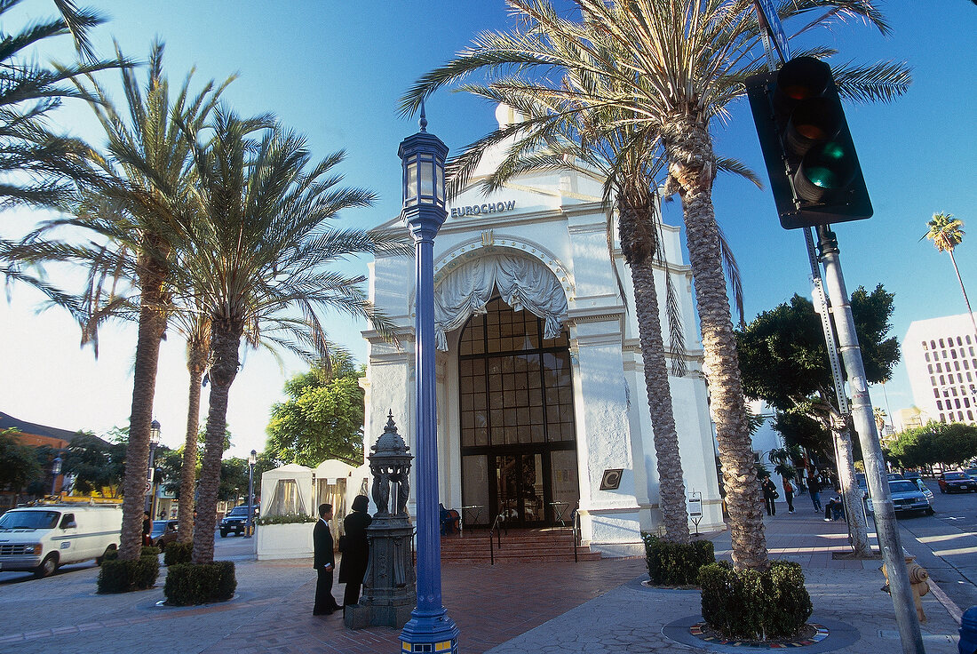 The local Eurochow with imposing portal and palm trees, Los Angeles, USA