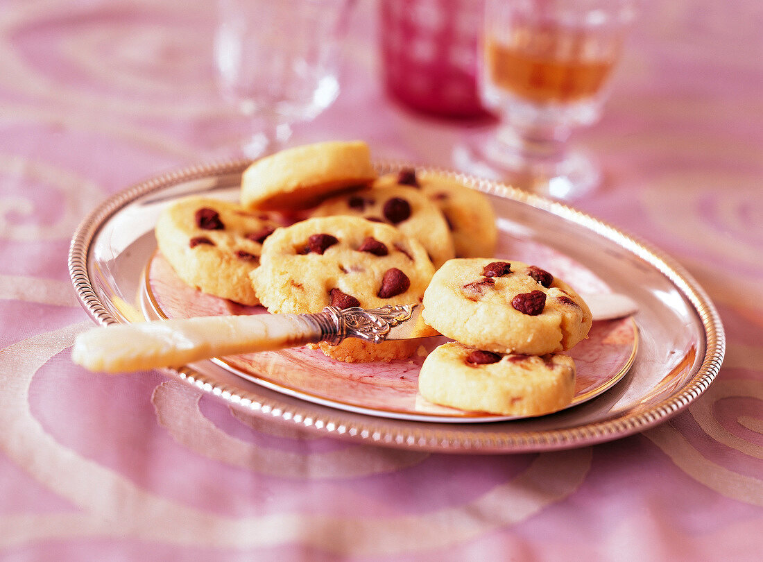 Close-up of chocolate chip cookies on plate