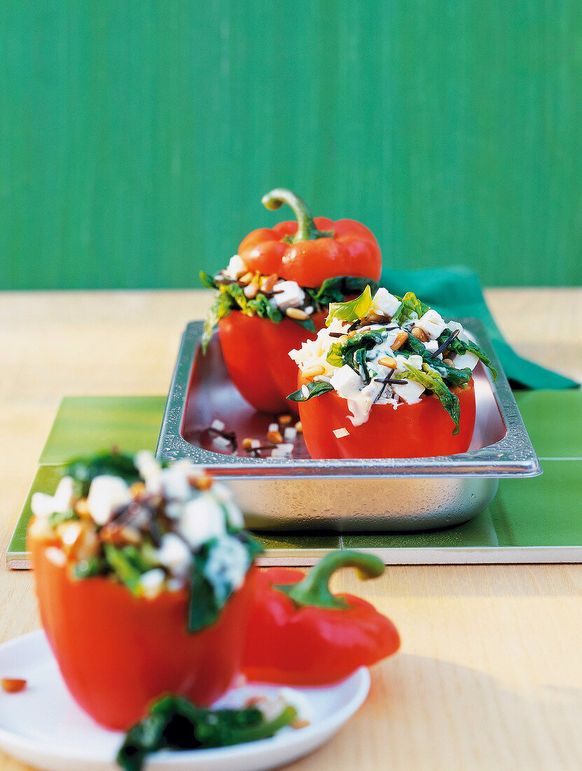 Close-up of stuffed peppers on serving dish