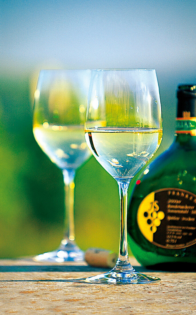 Zwei Gläser fränkischer Weißwein mit Weinflasche im Hintergrund