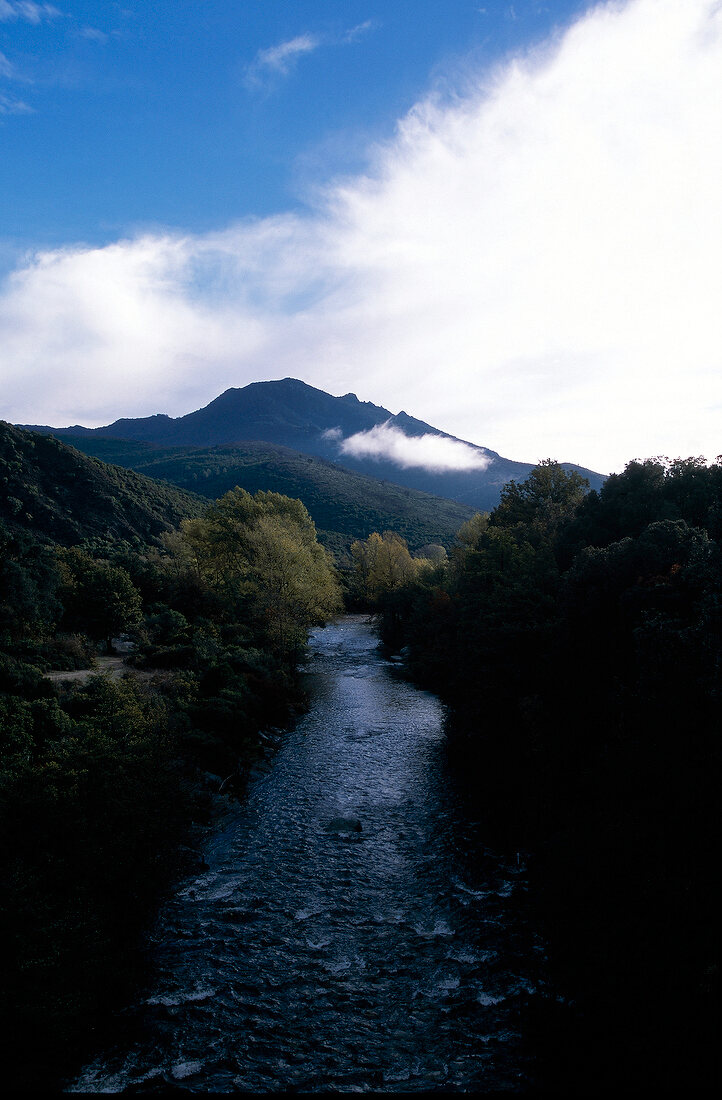 View of river passing through mountains in Corte, Corsica, France