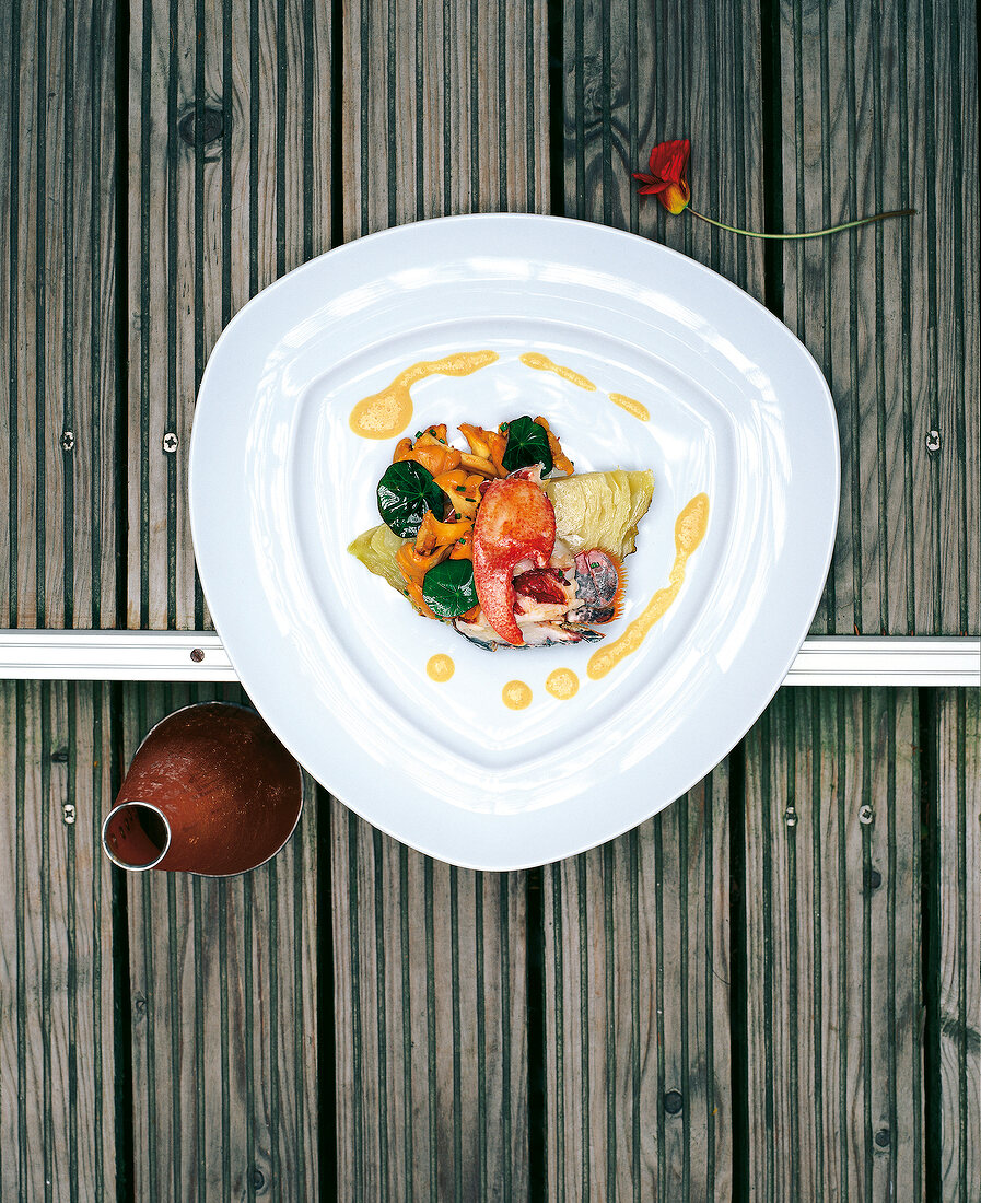 Breton lobster with braised cabbage on plate, overhead view