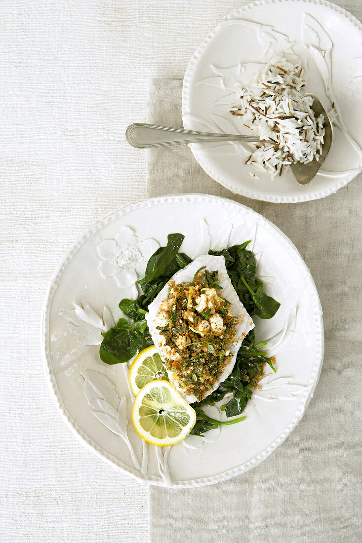Redfish with three herb crust on floral pattern plate