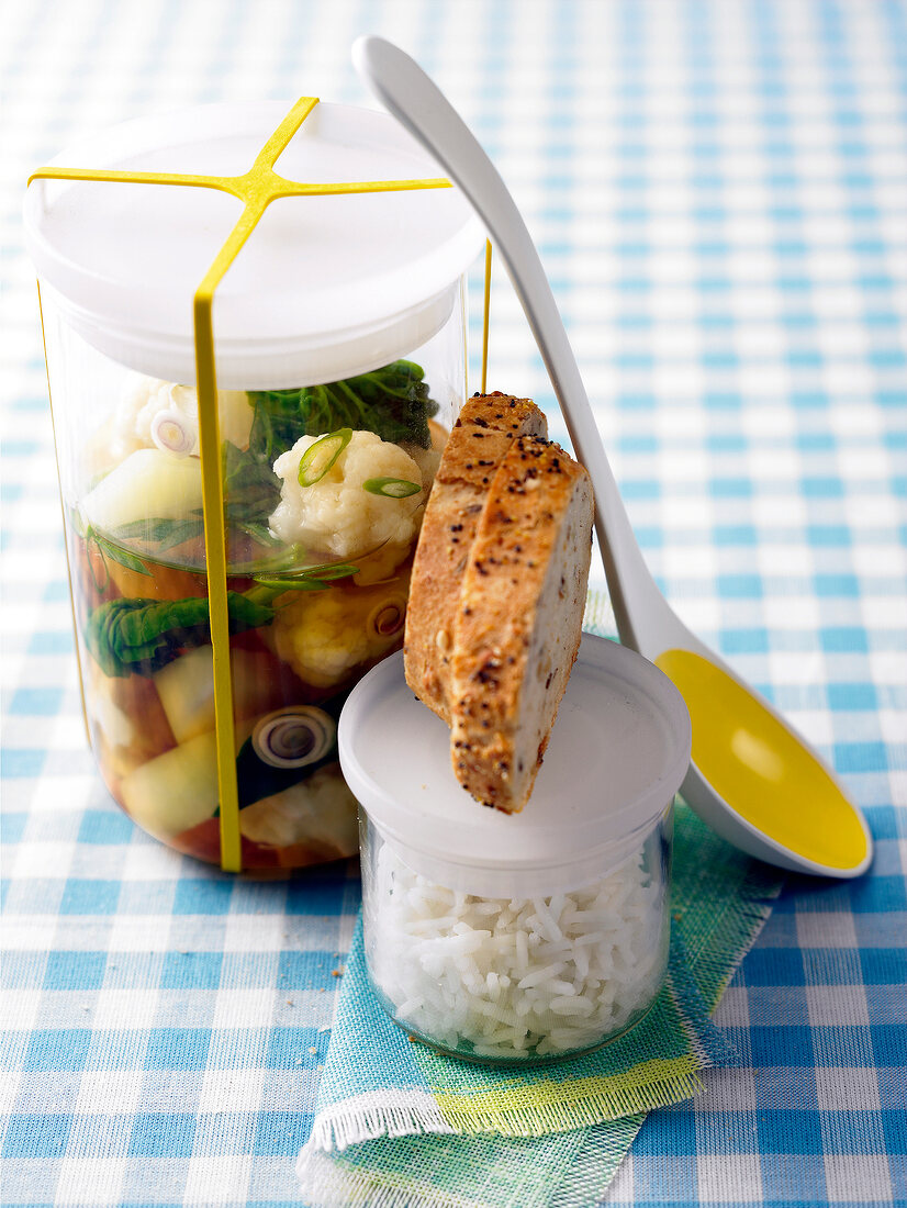 Breakfast Lung soup in preserving jar, rice and bread