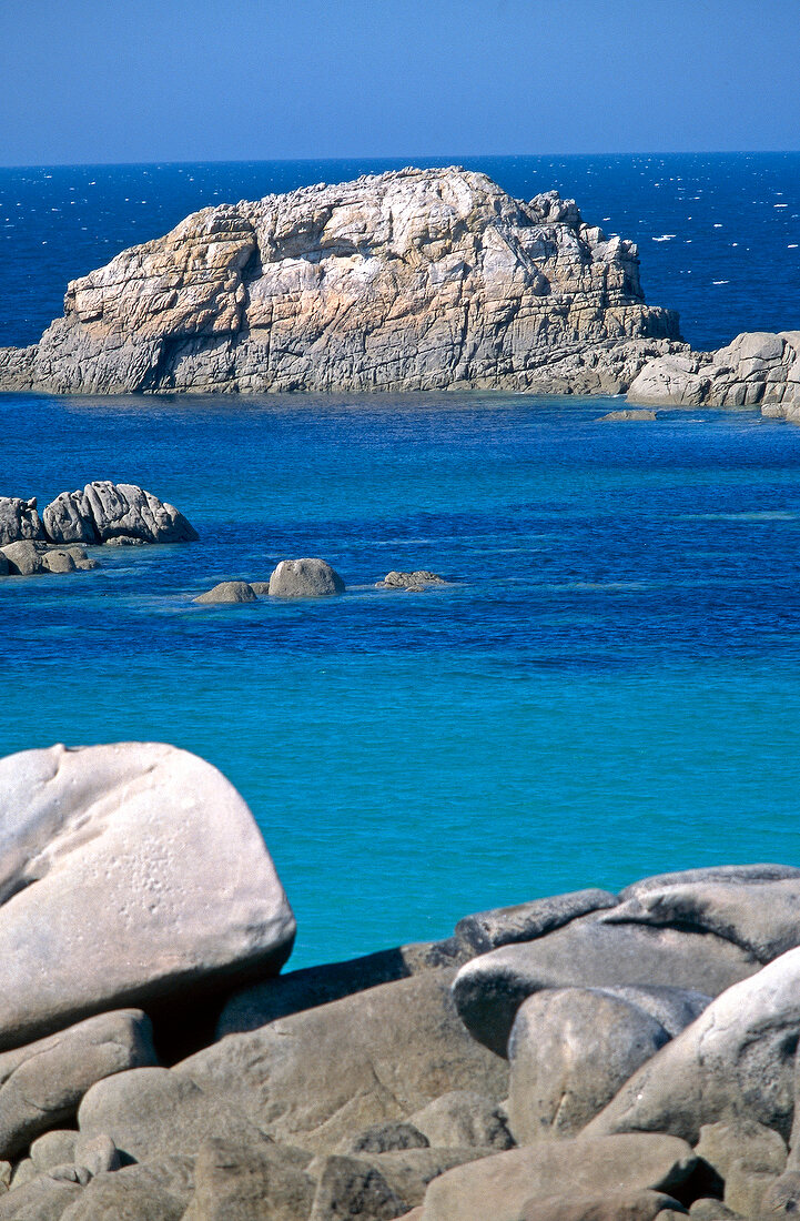 View of rocky coast and water in Santec, Brittany, France