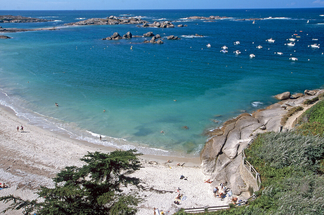 View of rocky coast and beach at Tregastel, Brittany, France