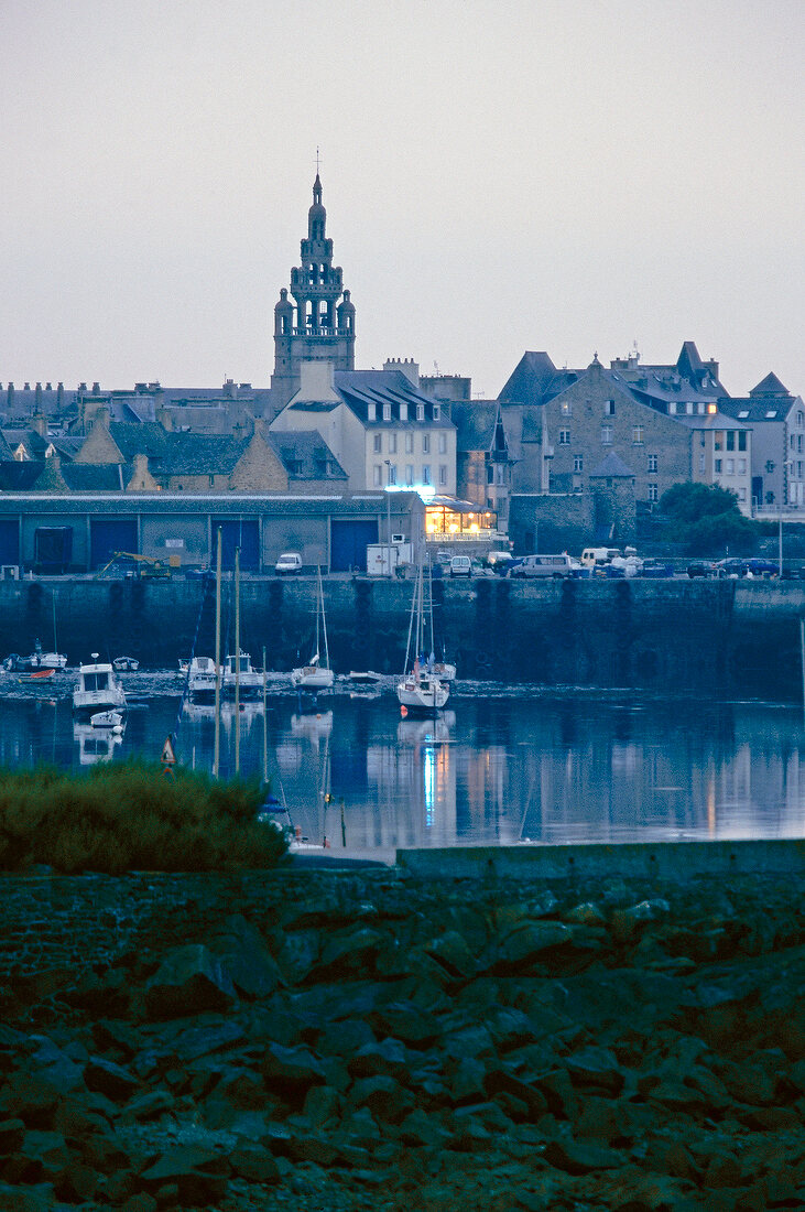 View of port of Roscoff at dusk, Brittany, France