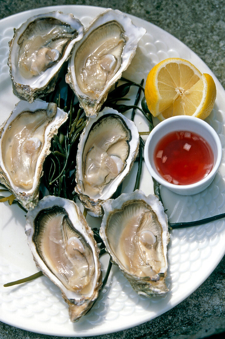 Fresh oysters with slice of lemon on plate