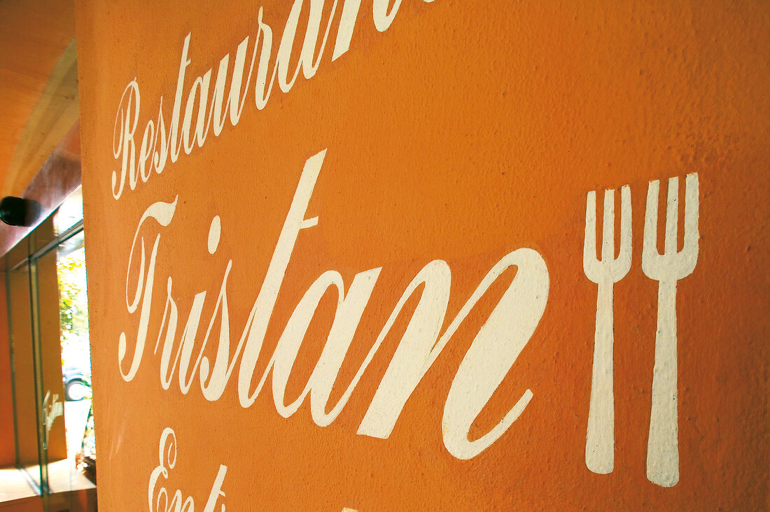 Close-up of Tristan Restaurant wall in Mallorca, Spain