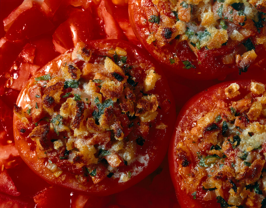 Close-up of stuffed tomatoes with garlic