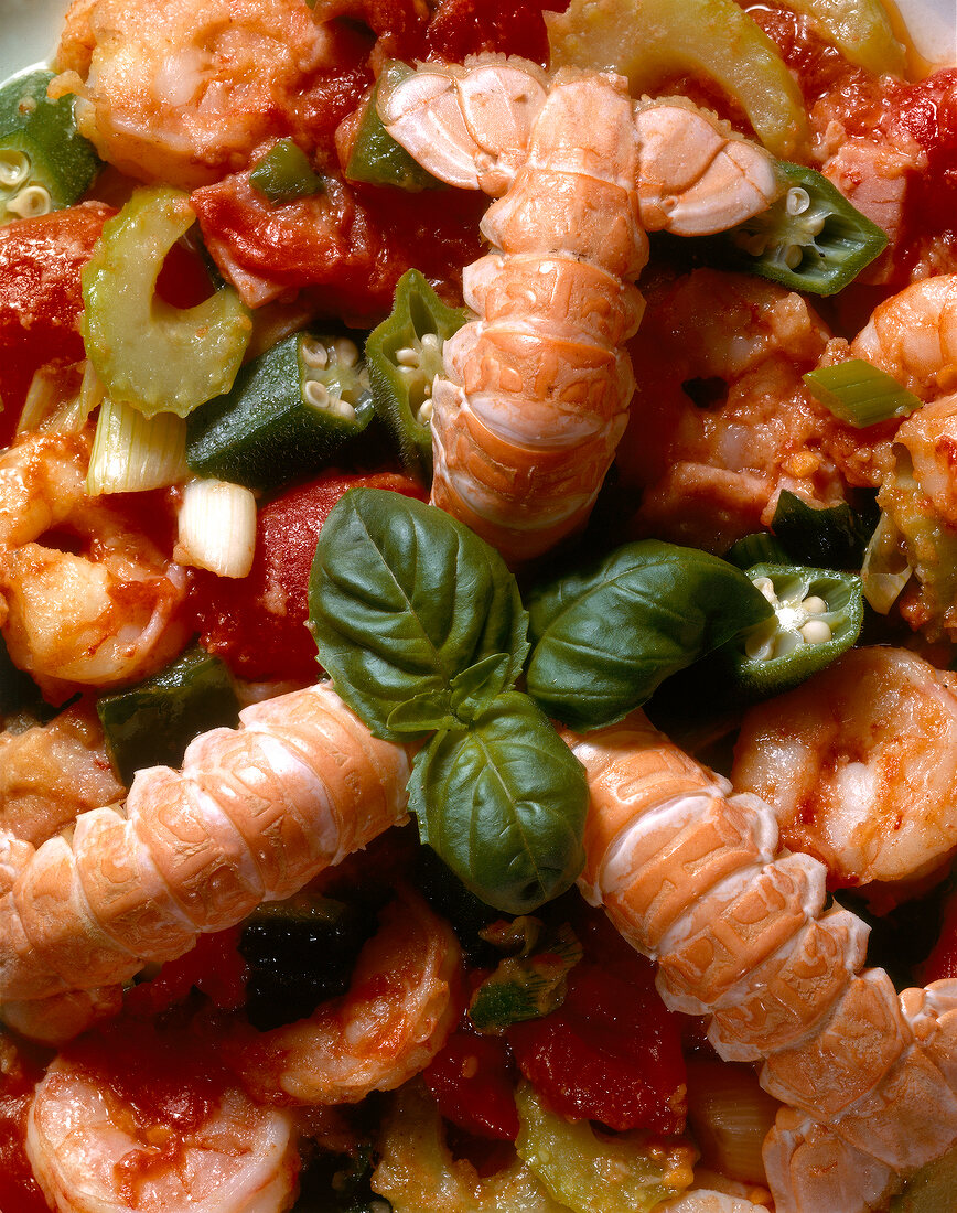 Close-up of gumbo with okra shrimp