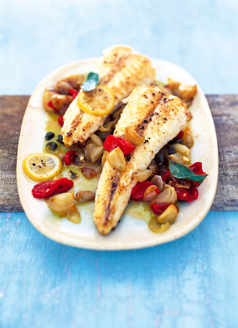 Monkfish with capers and lemon slice on plate