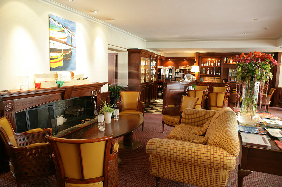 Sitting area and bar counter in hotel, Netherlands