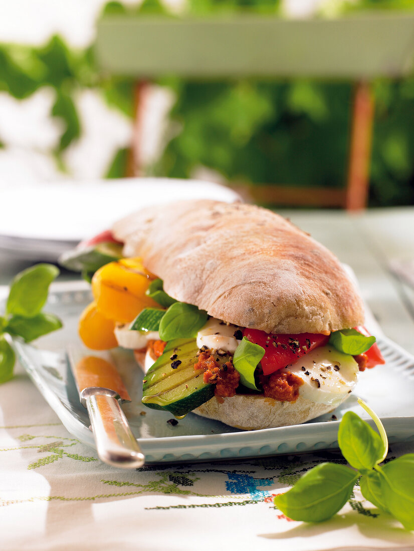 Close-up of antipasto sandwich on serving dish