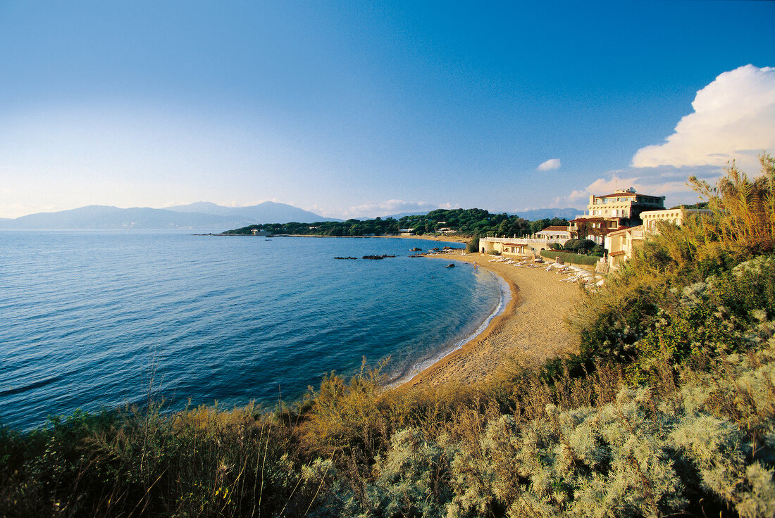 Elevated view of sea and Hotel Le Maquis Porticcio in Corsica, France