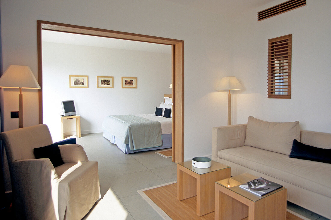 View of bedroom in Hotel Casadelmar in Porto-Vecchio, Corsica, France
