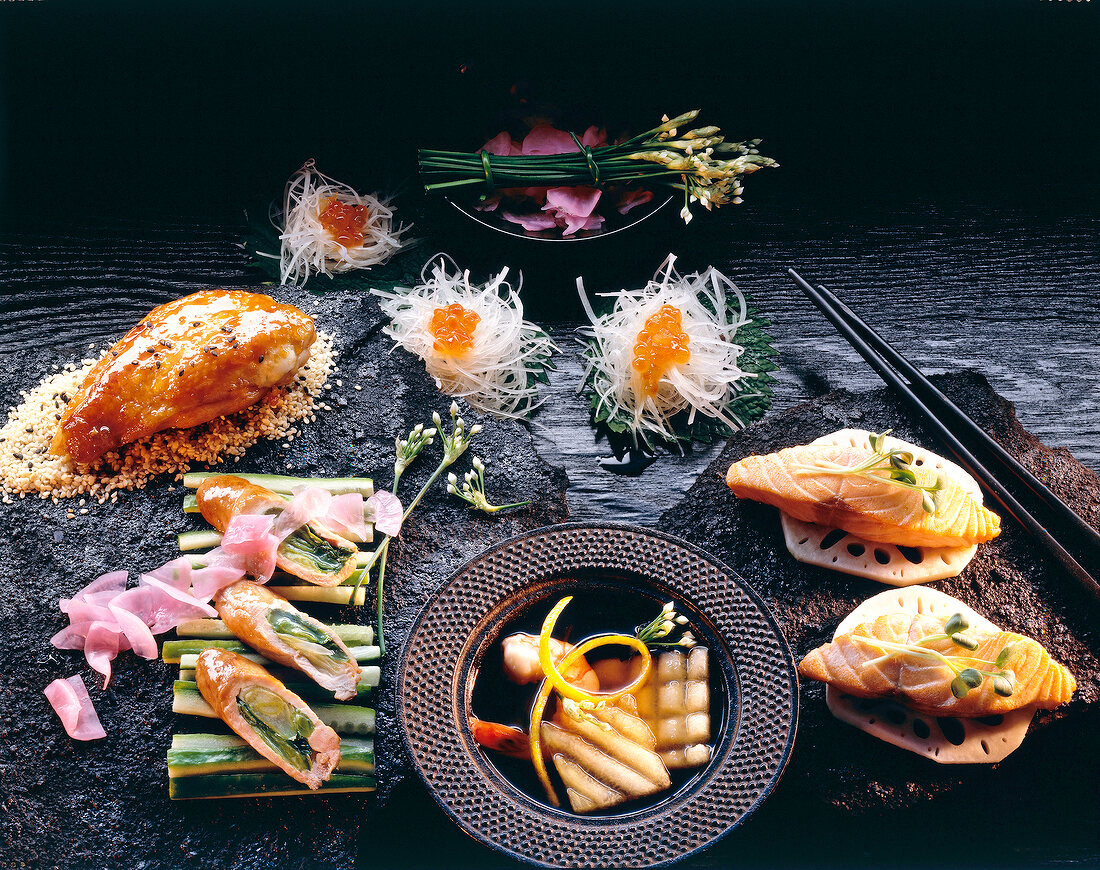 Close-up of various Japanese snacks