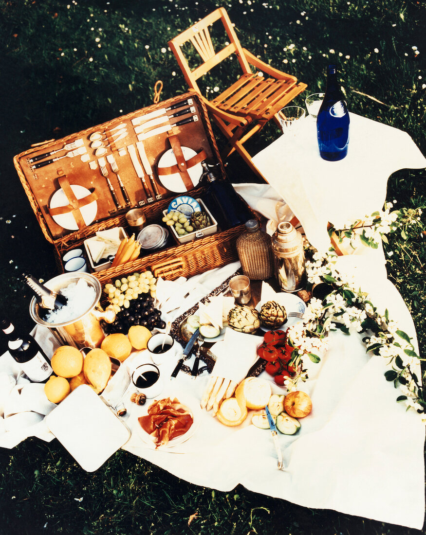 Close-up of picnic set-up in park with cutlery, picnic basket, mat and food around