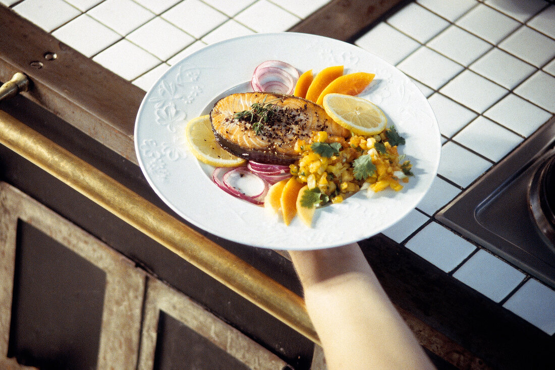 Lemon Salmon with Pineapple Salsa on plate