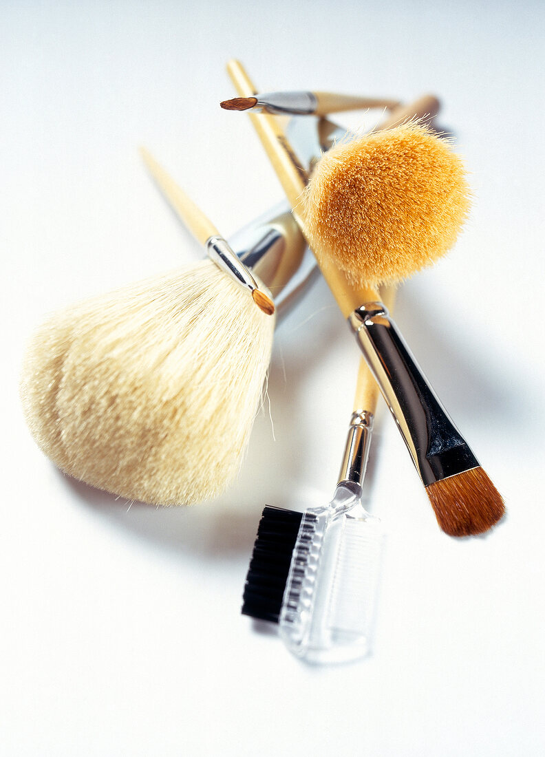 Close-up of lip brush, eye shadow brush, blush brush, powder brush on white background