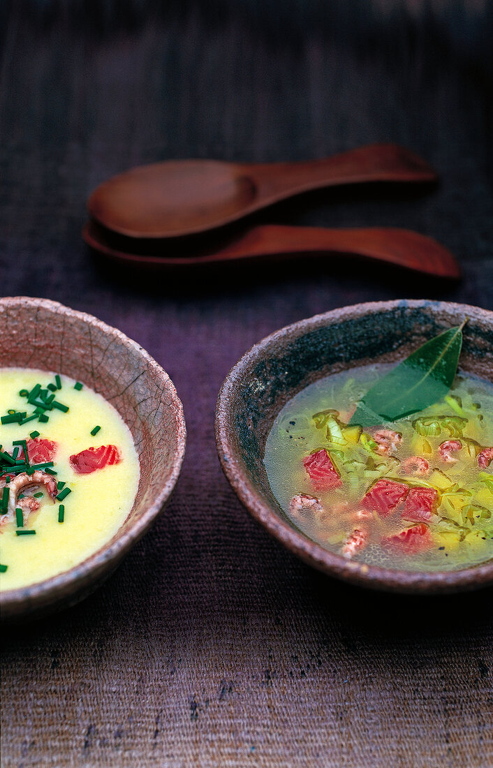 Potato eel soup in rustic bowl